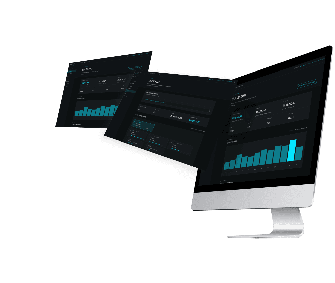 Painel do Aztom Flow em um monitor e telas flutuantes